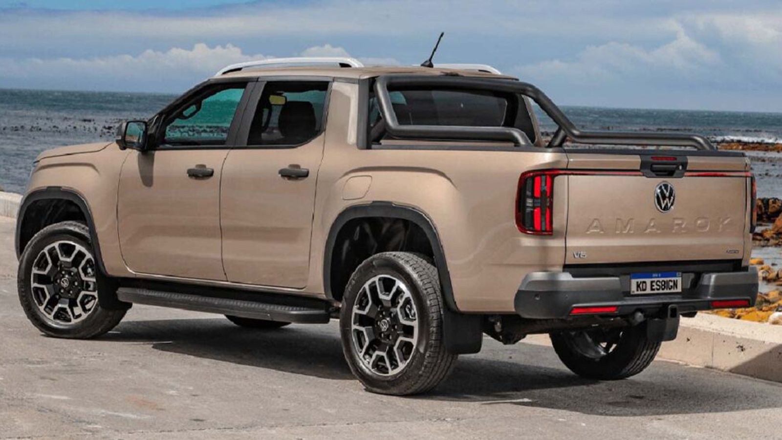 VW Amarok 2027: σχέδιο πρωτότυπο οχήματος Pick-Up με το λογότυπο της VW, πίσω όψη