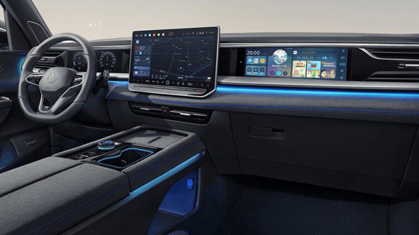 VW Amarok 2027: σχέδιο πρωτότυπο οχήματος Pick-Up με το λογότυπο της VW, εσωτερικό καμπίνας επιβατών