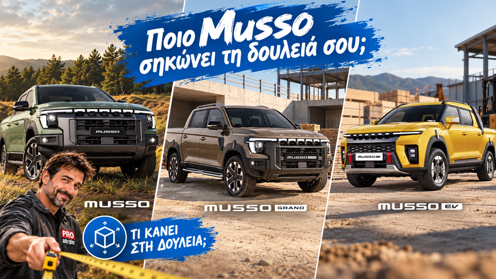 Η επιλογή ανάμεσα σε Musso, Musso Grand και Musso EV ξεκινά από τις διαστάσεις του φορτίου, τα καθημερινά κιλά και το trailer που χρησιμοποιείς. Η επιλογή ανάμεσα σε Musso, Musso Grand και Musso EV ξεκινά από τις διαστάσεις του φορτίου, τα καθημερινά κιλά και το trailer που χρησιμοποιείς.