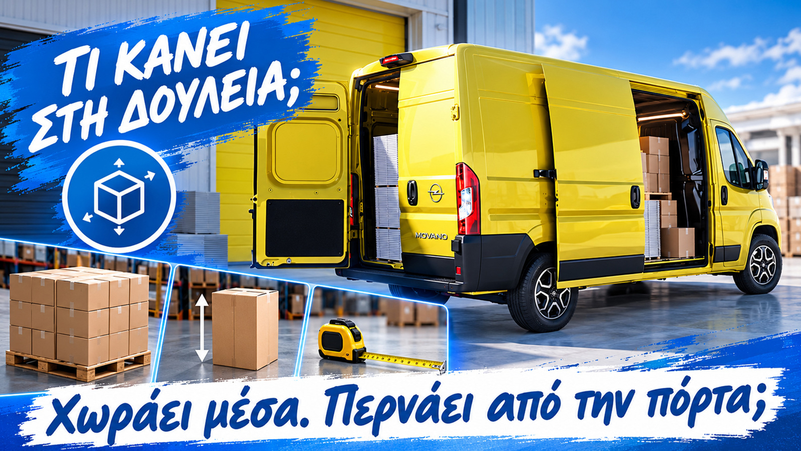 Στο Movano H3 το εσωτερικό ύψος φτάνει τα 2.172 χλστ., αλλά το πίσω άνοιγμα περιορίζεται στα 2.030 χλστ. Ο έλεγχος της συσκευασίας ξεκινά από την πόρτα.