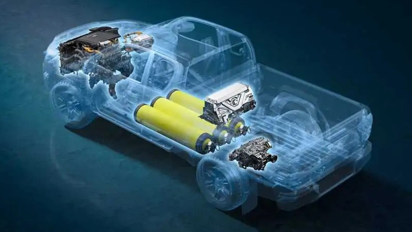 Η διάταξη του πρωτότυπου Hilux FCEV με τις δεξαμενές υδρογόνου ενσωματωμένες στο πλαίσιο. Η διάταξη του πρωτότυπου Hilux FCEV με τις δεξαμενές υδρογόνου ενσωματωμένες στο πλαίσιο.