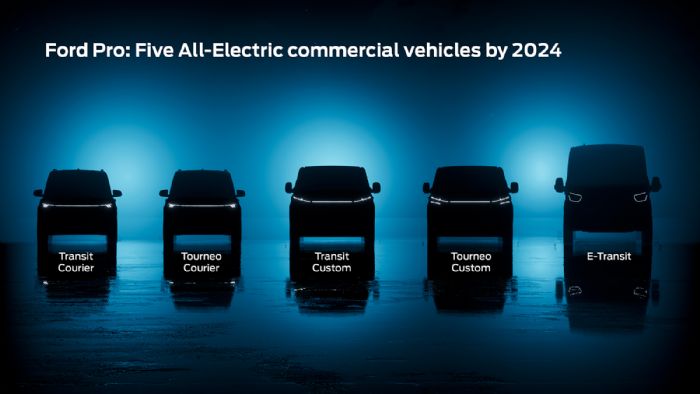 Τα πέντε νέα ηλεκτρικά μοντέλα της Ford Pro. Τέσσερα νέα οχήματα θα λανσαριστούν έως το 2024.