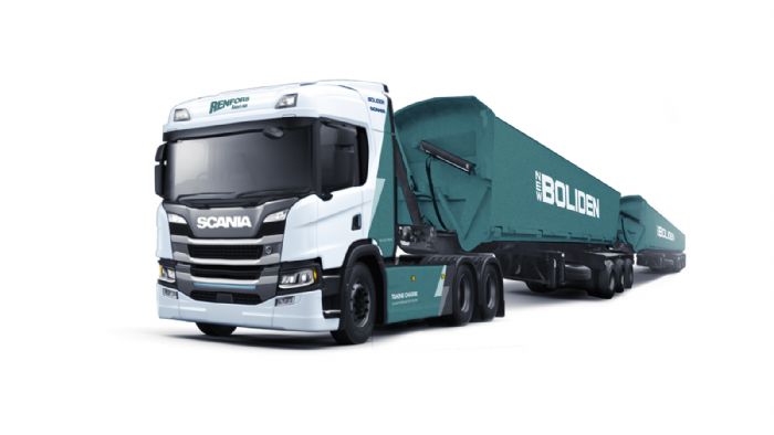 Μεικτό βάρος συρμού 74 τόνων για το ηλεκτρικό Scania που θα πιάσει δουλειά στα ορυχεία της Boliden στη βόρεια Σουηδία.