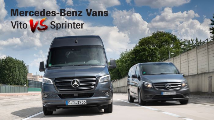 Συγκρίνουμε τις μεταφορικές δυνατότητες των βασικών εκδόσεων μήκους (Compact) του πισωκίνητου Vito Van 110 CDI και του προσθιοκίνητου Sprinter Van 211 CDI.