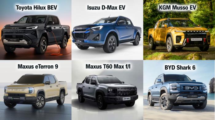 Mix με εικόνες από τα BYD Shark 6, Isuzu D-Max EV, KGM Musso EV, Maxus eTerron 9, Maxus T60 Max, Toyota Hilux BEV